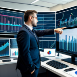 A professional executive in a smart business suit, standing confidently in a bright, modern corporate office. On one side, abstract visual elements depict chaotic, overflowing digital data streams and cluttered screens, symbolizing data overabundance. On the other side, clean, streamlined interfaces and neatly organized digital graphs represent efficient data minimization. The executive gestures towards the streamlined side, embodying the shift to data efficiency. The setting emphasizes innovation and strategic thinking.