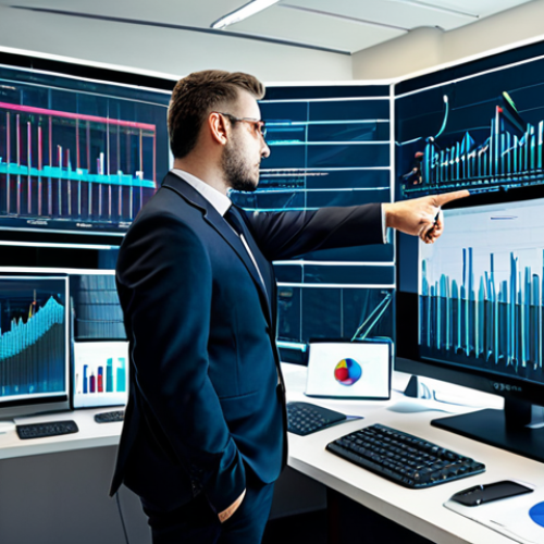 Home 14 A professional executive in a smart business suit, standing confidently in a bright, modern corporate office. On one side, abstract visual elements depict chaotic, overflowing digital data streams and cluttered screens, symbolizing data overabundance. On the other side, clean, streamlined interfaces and neatly organized digital graphs represent efficient data minimization. The executive gestures towards the streamlined side, embodying the shift to data efficiency. The setting emphasizes innovation and strategic thinking.